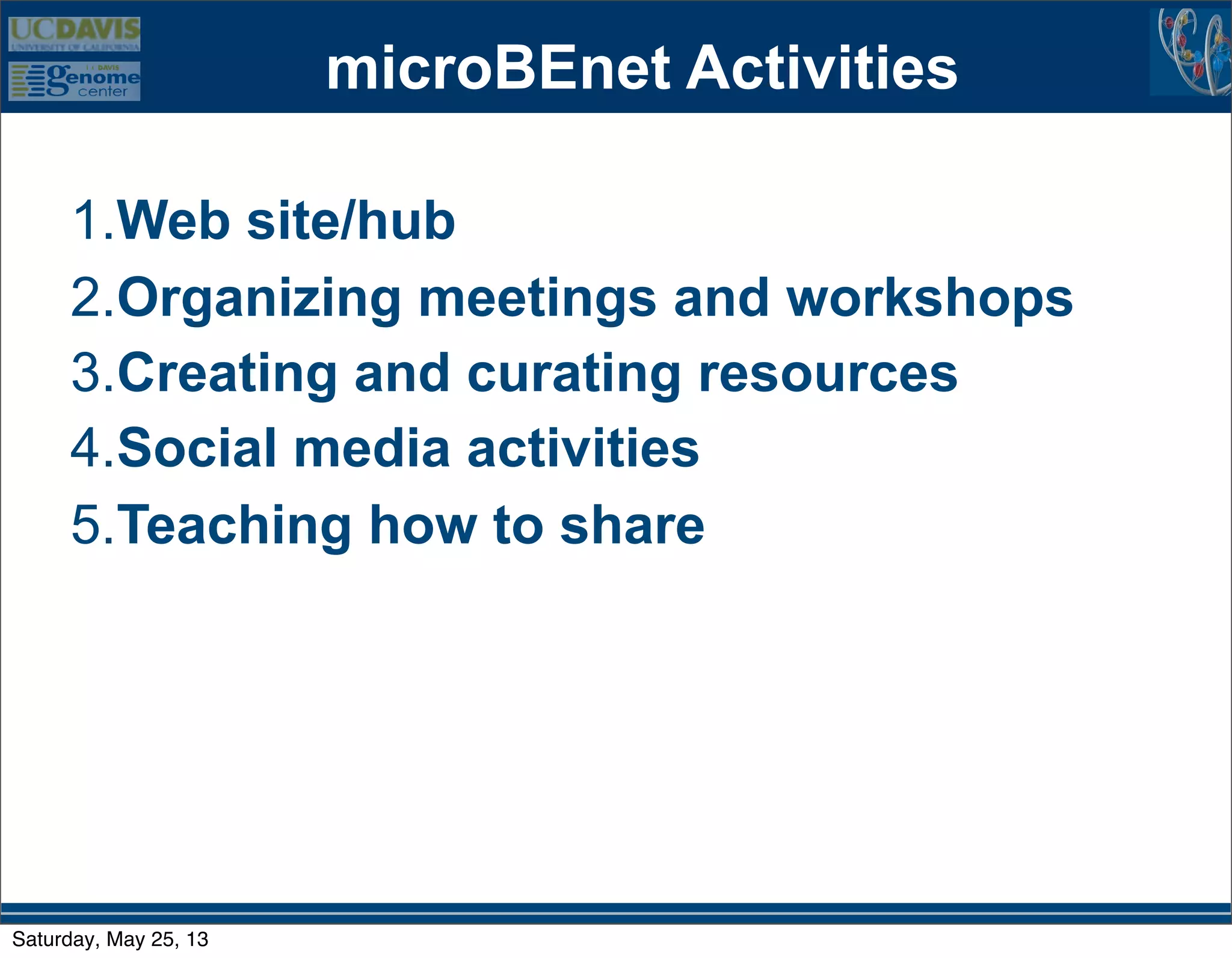 microBEnet Activities
1.Web site/hub
2.Organizing meetings and workshops
3.Creating and curating resources
4.Social media activities
5.Teaching how to share
Saturday, May 25, 13
 