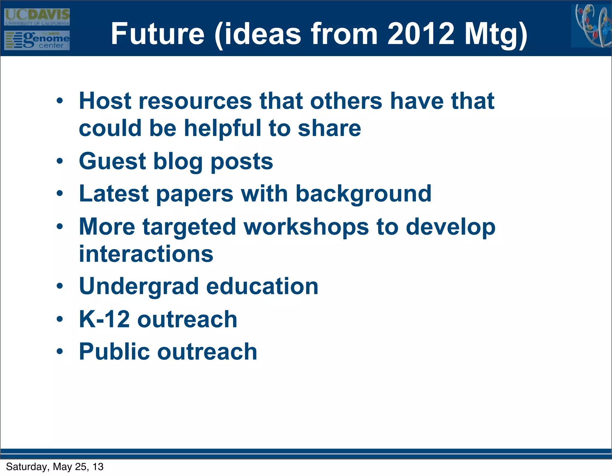 Future (ideas from 2012 Mtg)
• Host resources that others have that
could be helpful to share
• Guest blog posts
• Latest papers with background
• More targeted workshops to develop
interactions
• Undergrad education
• K-12 outreach
• Public outreach
Saturday, May 25, 13
 