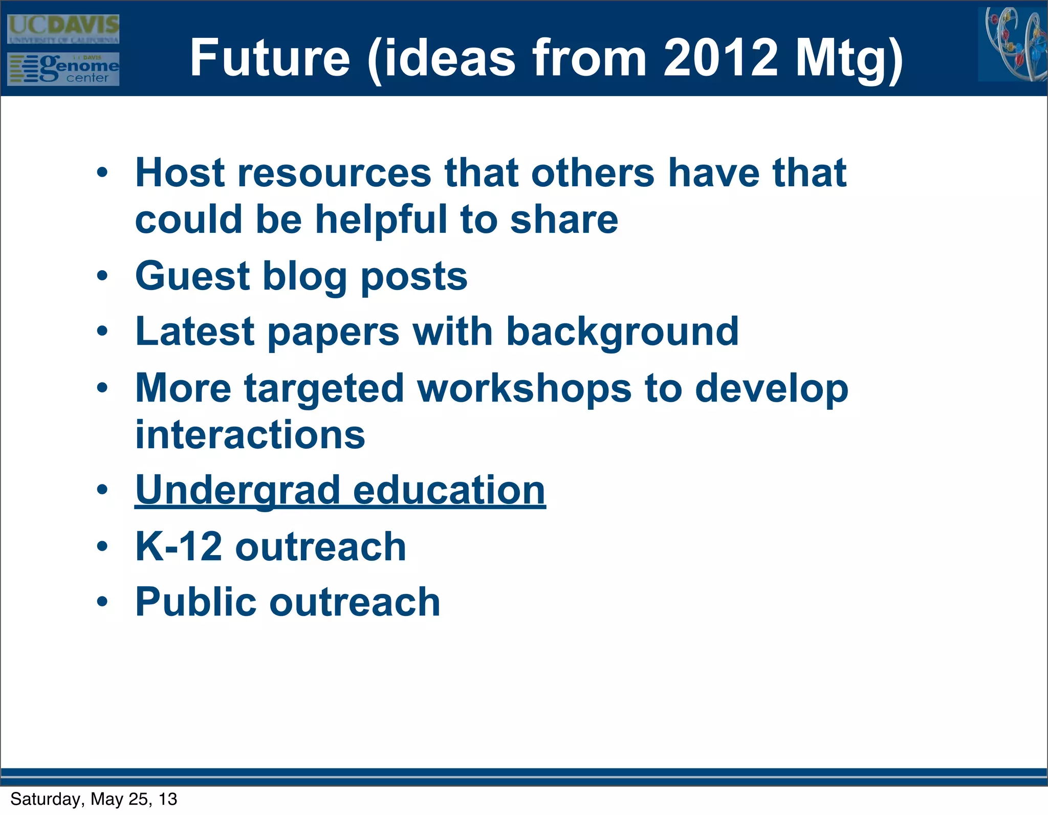 Future (ideas from 2012 Mtg)
• Host resources that others have that
could be helpful to share
• Guest blog posts
• Latest papers with background
• More targeted workshops to develop
interactions
• Undergrad education
• K-12 outreach
• Public outreach
Saturday, May 25, 13
 
