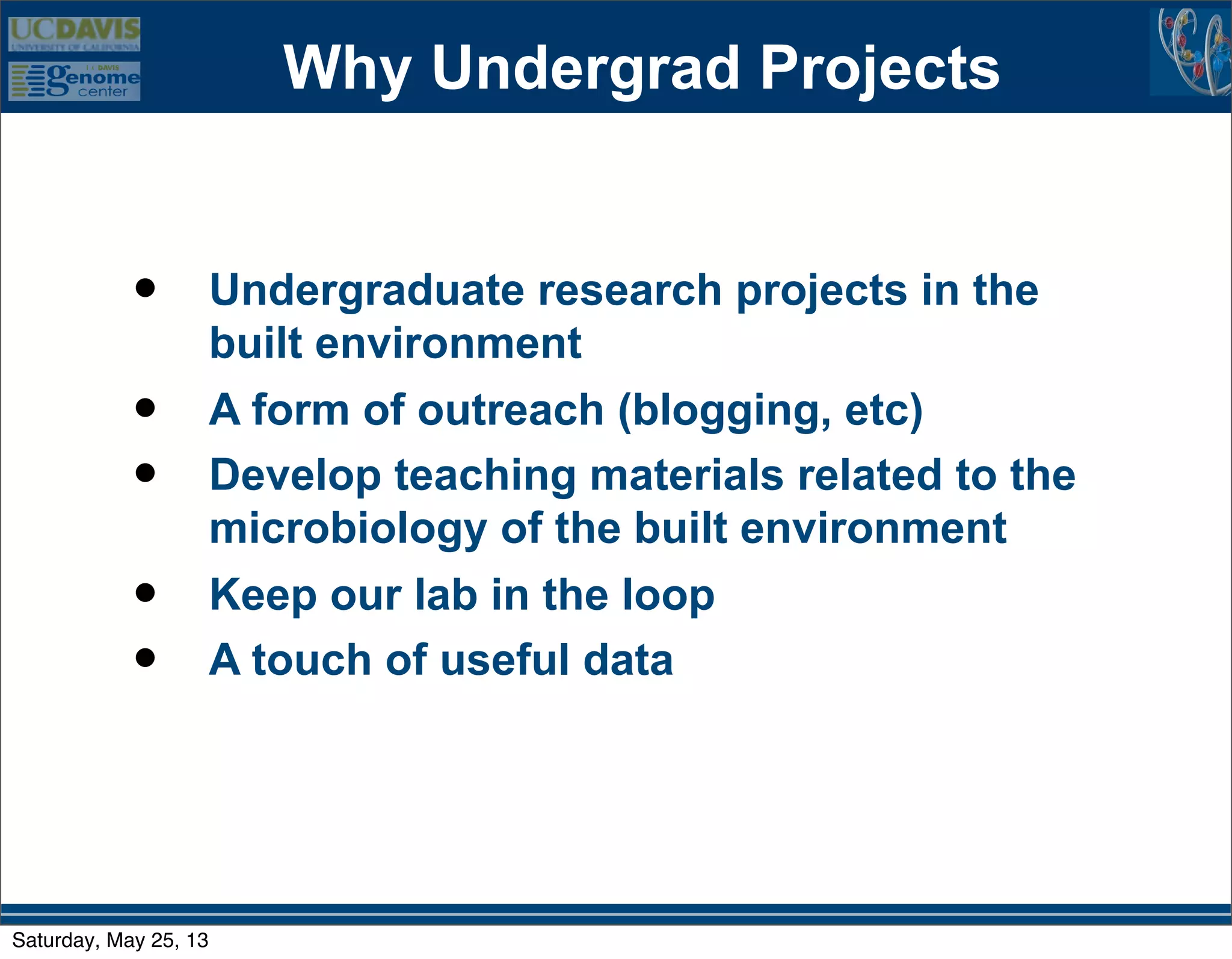 Why Undergrad Projects
• Undergraduate research projects in the
built environment
• A form of outreach (blogging, etc)
• Develop teaching materials related to the
microbiology of the built environment
• Keep our lab in the loop
• A touch of useful data
Saturday, May 25, 13
 