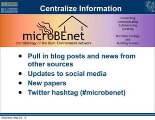 Centralize Information
• Pull in blog posts and news from
other sources
• Updates to social media
• New papers
• Twitter hashtag (#microbenet)
Saturday, May 25, 13
 