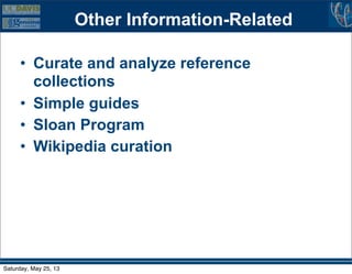 Other Information-Related
• Curate and analyze reference
collections
• Simple guides
• Sloan Program
• Wikipedia curation
Saturday, May 25, 13
 
