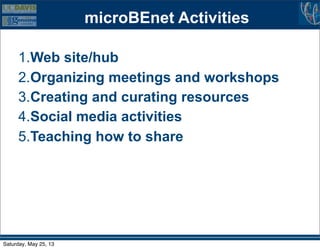 microBEnet Activities
1.Web site/hub
2.Organizing meetings and workshops
3.Creating and curating resources
4.Social media activities
5.Teaching how to share
Saturday, May 25, 13
 