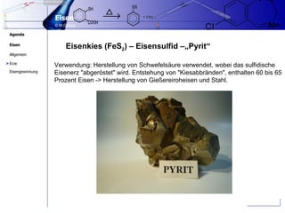 Eisenkies (FeS 2 ) – Eisensulfid –„Pyrit“  Verwendung: Herstellung von Schwefelsäure verwendet, wobei das sulfidische Eisenerz "abgeröstet" wird. Entstehung von "Kiesabbränden", enthalten 60 bis 65 Prozent Eisen -> Herstellung von Gießereiroheisen und Stahl. > 