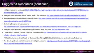 Copyright © 2016 Earley Information Science37
• Intelligent Assistance Landscape http://1u88jj3r4db2x4txp44yqfj1.wpengine.netdna-cdn.com/wp-content/uploads/2015/10/Intelligence-
Assistant-Landscape-Final.jpg
• Intelligent Virtual Assistants. Virtual Agents. What’s the Difference? http://www.intelliresponse.com/blog/intelligent-virtual-assistant
• Artificial Intelligence is Resurrecting Enterprise Search http://www.cmswire.com/cms/information-management/artificial-intelligence-is-
resurrecting-enterprise-search-026427.php
• Evaluating Enterprise Virtual Assistants
http://info.intelliresponse.com/rs/intelliresponse/images/Opus_EvaluatingEnterpriseVirtualAssistants_Jan2014%20(2).pdf
• Intelligent Virtual Agent and Intelligent Personal Assistant News and Views http://virtualagentchat.com/
• Characteristics of Highly Effective Enterprise Virtual Assistants http://www.slideshare.net/intelligentfactors/characteristics-of-highly-
effective-enterprise-virtual-assistants
• Artificial Intelligence Is Almost Ready for Business https://hbr.org/2015/03/artificial-intelligence-is-almost-ready-for-business
• The Knowledge Graph and Its Importance for Intelligent Assistance http://opusresearch.net/wordpress/2016/01/12/the-knowledge-graph-
and-its-importance-for-intelligent-assistance/
Suggested Resources (continued)
 