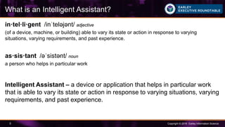 Copyright © 2016 Earley Information Science5
in·tel·li·gent /inˈteləjənt/ adjective
(of a device, machine, or building) able to vary its state or action in response to varying
situations, varying requirements, and past experience.
as·sis·tant /əˈsistənt/ noun
a person who helps in particular work
Intelligent Assistant – a device or application that helps in particular work
that is able to vary its state or action in response to varying situations, varying
requirements, and past experience.
What is an Intelligent Assistant?
 