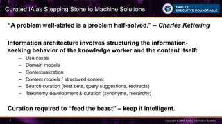 Copyright © 2016 Earley Information Science7
“A problem well-stated is a problem half-solved.” – Charles Kettering
Information architecture involves structuring the information-
seeking behavior of the knowledge worker and the content itself:
– Use cases
– Domain models
– Contextualization
– Content models / structured content
– Search curation (best bets, query suggestions, redirects)
– Taxonomy development & curation (synonyms, hierarchy)
Curation required to “feed the beast” – keep it intelligent.
Curated IA as Stepping Stone to Machine Solutions
 