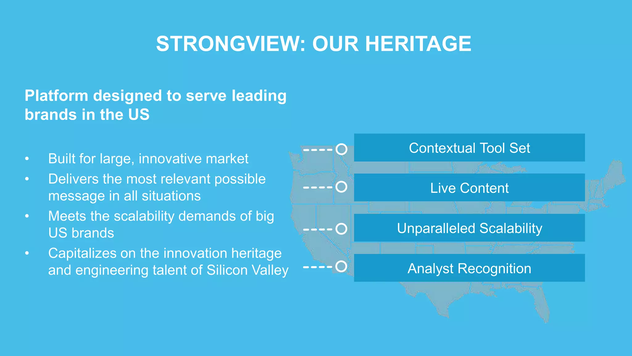 STRONGVIEW: OUR HERITAGE
Platform designed to serve leading
brands in the US
• Built for large, innovative market
• Delivers the most relevant possible
message in all situations
• Meets the scalability demands of big
US brands
• Capitalizes on the innovation heritage
and engineering talent of Silicon Valley
Contextual Tool Set
Live Content
Unparalleled Scalability
Analyst Recognition
 