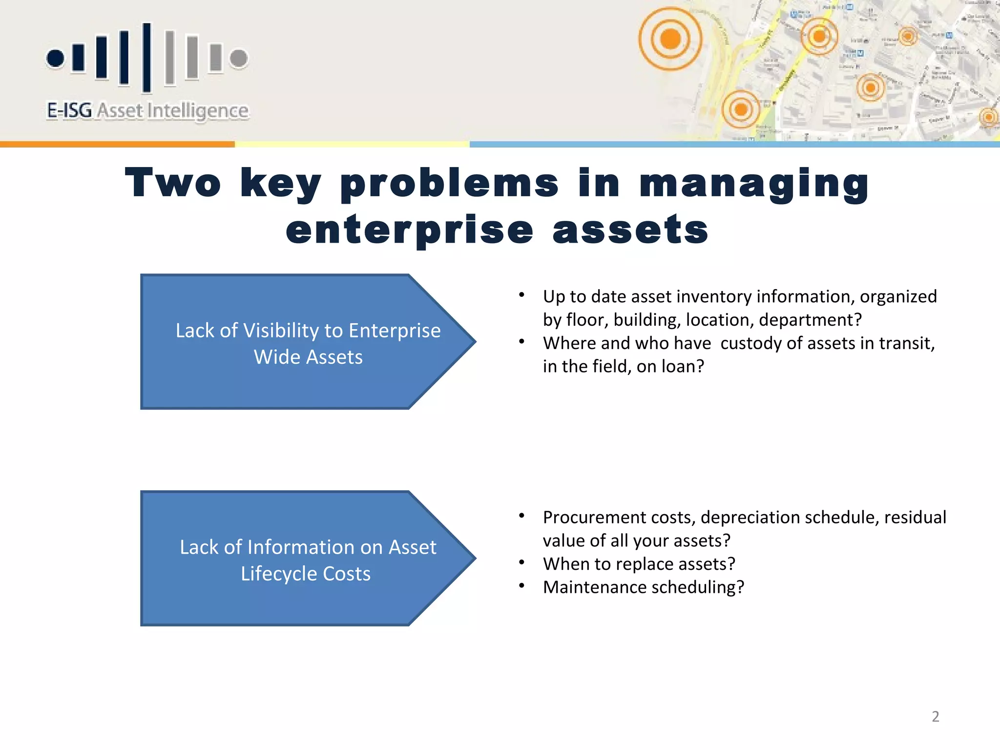 Two key problems in managing
      enter prise assets
                                    • Up to date asset inventory information, organized
                                      by floor, building, location, department?
 Lack of Visibility to Enterprise   • Where and who have custody of assets in transit,
          Wide Assets                 in the field, on loan?




                                    • Procurement costs, depreciation schedule, residual
  Lack of Information on Asset        value of all your assets?
                                    • When to replace assets?
         Lifecycle Costs
                                    • Maintenance scheduling?




                                                                                      2
 