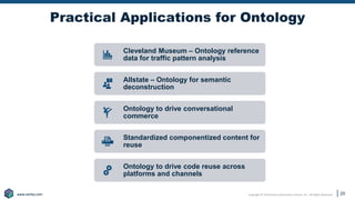 Copyright © 2020 Earley Information Science, Inc. All Rights Reserved.
www.earley.com
www.earley.com
www.earley.com
Practical Applications for Ontology
Cleveland Museum – Ontology reference
data for traffic pattern analysis
Allstate – Ontology for semantic
deconstruction
Ontology to drive conversational
commerce
Standardized componentized content for
reuse
Ontology to drive code reuse across
platforms and channels
20
 