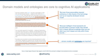 Copyright © 2018 Earley Information Science, Inc. All Rights Reserved.
“But even those personalities required
proficiency in other facets of the technology
such as an expertly developed domain
model”
“Because intelligent virtual assistants are
focused within a domain model, they benefit
from a clearly defined knowledge base and are
able to go much deeper and stay within those
bounds…”
Source: Analyst Gigaom Research https://gigaom.com/2014/09/01/the-next-step-for-intelligent-virtual-assistants-its-time-to-consolidate/
“…domain models and ontologies are important”
Domain models and ontologies are core to cognitive AI applications
7
www.earley.com @sethearley
 
