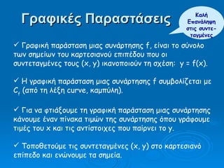 Γραφικές Παραστάσεις   Γραφική παράσταση μιας συνάρτησης  f , είναι το σύνολο των σημείων του καρτεσιανού επιπέδου που   οι συντεταγμένες τους ( x, y)  ικανοποιούν τη σχέση:   y = f(x). H  γραφική παράσταση μιας συνάρτησης  f  συμβολίζεται με  C f  ( από τη λέξη  curve,  καμπύλη). Για να φτιάξουμε τη γραφική παράσταση μιας συνάρτησης κάνουμε έναν πίνακα τιμών της συνάρτησης όπου γράφουμε τιμές του  x  και τις αντίστοιχες που παίρνει το  y. Τοποθετούμε τις συντεταγμένες ( x, y ) στο καρτεσιανό επίπεδο και ενώνουμε τα σημεία. Καλή Επανάληψη στις συντε-ταγμένες 