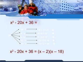 x 2  - 20x + 36 = 36 x 2  - 20x + 36  = ( x   – 2 )( x   – 18 ) 36    1 4      9 36   +  1 =  37    4 + 9  =  13    6      6 6 + 6  =  1 2    18      2 18 + 2  =  20    12    3 12  +  3 =  1 5    
