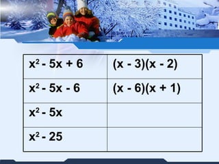 (x - 6)(x + 1)  x 2  - 5x - 6 (x - 3)(x - 2)  x 2  - 5x + 6 x 2  - 25 x 2  - 5x 