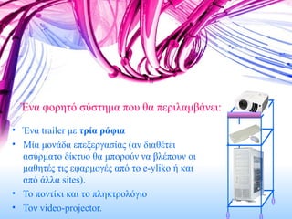 Ένα φορητό σύστημα που θα περιλαμβάνει: Ένα  trailer  με  τρία ράφια Μία μονάδα επεξεργασίας (αν διαθέτει ασύρματο δίκτυο θα μπορούν να βλέπουν οι μαθητές τις εφαρμογές από το  e-yliko  ή και από άλλα  sites ) . Το ποντίκι και το πληκτρολόγιο  Τον  video-projector. 