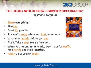 "ALL I REALLY NEED TO KNOW I LEARNED IN KINDERGARTEN"
by Robert Fulghum.
• Share everything.
• Play fair
• Don't hit people
• Say you're sorry when you hurt somebody.
• Wash your hands before you eat.
• Flush. Take a nap every afternoon.
• When you go out in the world, watch out for traffic,
hold hands and stick together.
• Clean up your own mess.
 
