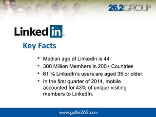  Median age of LinkedIn is 44
 300 Million Members in 200+ Countries
 61 % LinkedIn’s users are aged 35 or older.
 In the first quarter of 2014, mobile
accounted for 43% of unique visiting
members to LinkedIn.
Key Facts
 
