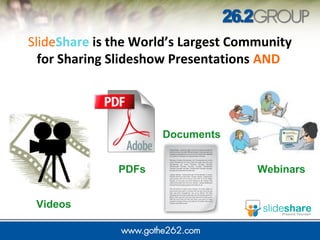 JUMP IN
SlideShare is the World’s Largest Community
for Sharing Slideshow Presentations AND
Videos
PDFs
Documents
Webinars
 