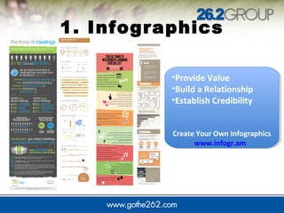 1. Infographics
•Provide Value
•Build a Relationship
•Establish Credibility
Create Your Own Infographics
www.infogr.am
•Provide Value
•Build a Relationship
•Establish Credibility
Create Your Own Infographics
www.infogr.am
 
