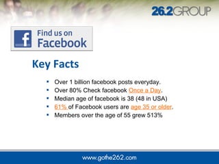  Over 1 billion facebook posts everyday.
 Over 80% Check facebook Once a Day.
 Median age of facebook is 38 (48 in USA)
 61% of Facebook users are age 35 or older.
 Members over the age of 55 grew 513%
Key Facts
 