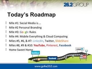 Today’s Roadmap
 Mile #1: Social Media is …
 Mile #2 Personal Branding
 Mile #3: Google Rules
 Mile #4: Mobile Everything & Cloud Computing
 Miles #5, #6, & #7: LinkedIn, Twitter, SlideShare
 Miles #8, #9 & #10: YouTube, Pinterest, Facebook
 Home Sweet Home
 