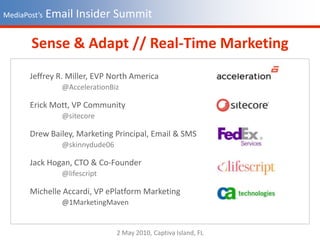 MediaPost’s Email Insider Summit Sense & Adapt // Real-Time Marketing Jeffrey R. Miller, EVP North America @AccelerationBiz Erick Mott, VP Community @sitecore Drew Bailey, Marketing Principal, Email & SMS @skinnydude06 Jack Hogan, CTO & Co-Founder @lifescript Michelle Accardi, VP ePlatform Marketing @1MarketingMaven 2 May 2010, Captiva Island, FL 