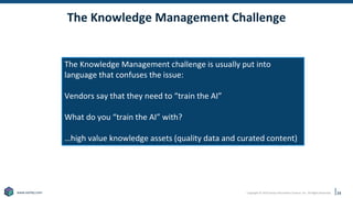 Copyright © 2019 Earley Information Science, Inc. All Rights Reserved.
www.earley.com
The Knowledge Management challenge is usually put into
language that confuses the issue:
Vendors say that they need to “train the AI”
What do you “train the AI” with?
…high value knowledge assets (quality data and curated content)
The Knowledge Management Challenge
34
 