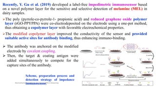 Recently, Y. Gu et al. (2019) developed a label-free impedimetric immunosensor based
on a novel polymer layer for the sensitive and selective detection of melamine (MEL) in
dairy samples.
The poly (pyrrole-co-pyrrole-1- propionic acid) and reduced graphene oxide polymer
layer (rGO-PPYPPA) were co-electrodeposited on the electrode using a one-pot method,
thus obtaining a copolymer layer with favorable electrochemical properties.
The modified copolymer layer improved the conductivity of the sensor and provided
suitable active sites for antibody binding, thus enhancing immuno-binding.
21-Jun-19Electrochemical impedance spectroscopy (EIS) in biosensing 25
 The antibody was anchored on the modified
electrode by covalent coupling.
 Then, the target & coating antigen were
added simultaneously to compete for the
capture sites of the antibody.
Scheme, preparation process and
detection strategy of impedance
immunosensor.
 