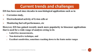Current trends and challenges
EIS has been used since decades in non-biological applications such as in
 Corrosion study,
 Electrochemical activity of Li-ion cells or
 Monitoring fuel cell performance, etc
However, EIS has gained recently much more popularity in biosensor applications
that is used for a wide range of analytes owing to its
o Label-free measurements,
o Non-destructive technique, and
o Excellent sensitivities, sometimes reaching down to the femto molar ranges
21-Jun-19Electrochemical impedance spectroscopy (EIS) in biosensing 35
 
