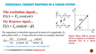 SINUSOIDAL CURRENT RESPONSE IN A LINEAR SYSTEM
The excitation signal…
0( ) cos( )E t E t
0( ) cos( )I t I t  
The Response signal…
0
0
0
cos( )( ) cos( )
( )
( ) cos( ) cos( )
E tE t t
Z t Z
I t I t t
 
   
  
 
The impedance is therefore expressed in terms of a magnitude, Z0,
and a phase shift, ɵ . It may allso be written as complex function:
 IZI is composed of a real and an imaginary part
 Impedance is represented as vector with length IZI
Figure. Phase shift in current
I(t) as a response to excitation-
potential E(t) in a linear
system
 