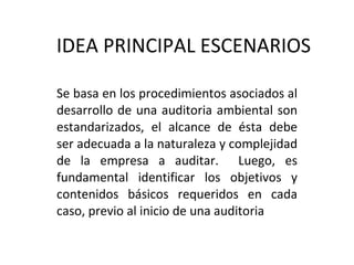 IDEA PRINCIPAL ESCENARIOS Se basa en los procedimientos asociados al desarrollo de una auditoria ambiental son estandarizados, el alcance de ésta debe ser adecuada a la naturaleza y complejidad de la empresa a auditar.  Luego, es fundamental identificar los objetivos y contenidos básicos requeridos en cada caso, previo al inicio de una auditoria  