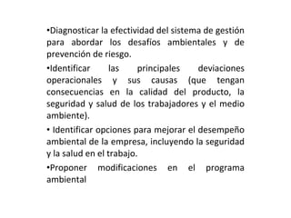 Diagnosticar la efectividad del sistema de gestión para abordar los desafíos ambientales y de prevención de riesgo. Identificar las principales deviaciones operacionales y sus causas (que tengan consecuencias en la calidad del producto, la seguridad y salud de los trabajadores y el medio ambiente). Identificar opciones para mejorar el desempeño ambiental de la empresa, incluyendo la seguridad y la salud en el trabajo. Proponer modificaciones en el programa ambiental 