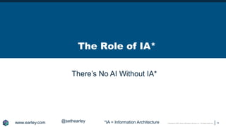 Copyright © 2020 Earley Information Science, Inc. All Rights Reserved.
The Role of IA*
10
www.earley.com @sethearley
There’s No AI Without IA*
*IA = Information Architecture
 
