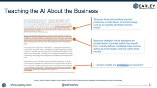 Copyright © 2020 Earley Information Science, Inc. All Rights Reserved.
“But even those personalities required
proficiency in other facets of the technology
such as an expertly developed domain
model”
“Because intelligent virtual assistants are
focused within a domain model, they benefit
from a clearly defined knowledge base and are
able to go much deeper and stay within those
bounds…”
Source: Analyst Gigaom Research https://gigaom.com/2014/09/01/the-next-step-for-intelligent-virtual-assistants-its-time-to-consolidate/
“…domain models and ontologies are important”
Teaching the AI About the Business
17
www.earley.com @sethearley
 