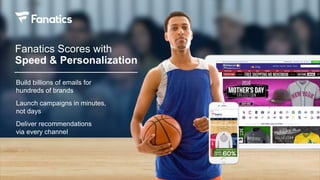 Build billions of emails for
hundreds of brands
Launch campaigns in minutes,
not days
Deliver recommendations
via every channel
Fanatics Scores with
Speed & Personalization
 
