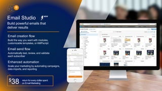 Build powerful emails that
deliver results
Email Studio
Email creation flow
Build the way you want with modules,
customizable templates, or AMPscript
Email send flow
Automatically test, review, and validate
each subscriber
Enhanced automation
Scale your marketing by automating campaigns,
data imports, and reporting
$38 return for every dollar spent
on Email Marketing
NEW
 