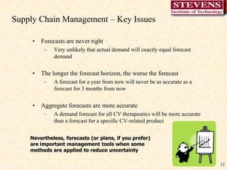 13
Supply Chain Management – Key Issues
• Forecasts are never right
– Very unlikely that actual demand will exactly equal forecast
demand
• The longer the forecast horizon, the worse the forecast
– A forecast for a year from now will never be as accurate as a
forecast for 3 months from now
• Aggregate forecasts are more accurate
– A demand forecast for all CV therapeutics will be more accurate
than a forecast for a specific CV-related product
Nevertheless, forecasts (or plans, if you prefer)
are important management tools when some
methods are applied to reduce uncertainty
 