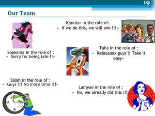 Our Team  Soukaina in the role of : «  Sorry for being late !!» Salah in the role of : «  Guys !!! No more time !!!» Kaoutar in the role of: «  If we do this, we will win !!!» Lamyae in the role of : «  No, we already did this !!!» Taha in the role of : «  Relaaaaax guys !! Take it easy» 