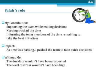 Salah ‘s role  My Contribution:  Supporting the team while making decisions Keeping track of the time Informing the team members of the time remaining to  take the best initiatives  Impact: As time was passing, I pushed the team to take quick decisions Without Me: The due date wouldn’t have been respected The level of stress wouldn’t have been high 