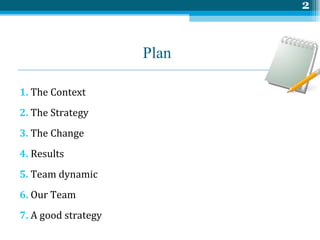 Plan  <ul><li>1.  The   Context   </li></ul><ul><li>2.  The  Strategy   </li></ul><ul><li>3.  The Change </li></ul><ul><li...