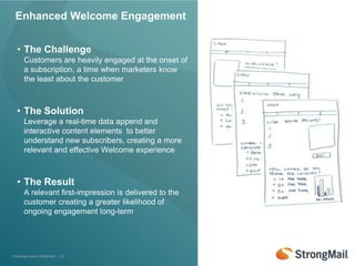 Enhanced Welcome Engagement


  • The Challenge
       Customers are heavily engaged at the onset of
       a subscription, a time when marketers know
       the least about the customer



  • The Solution
       Leverage a real-time data append and
       interactive content elements to better
       understand new subscribers, creating a more
       relevant and effective Welcome experience



  • The Result
       A relevant first-impression is delivered to the
       customer creating a greater likelihood of
       ongoing engagement long-term




Proprietary and Confidential | 10
 