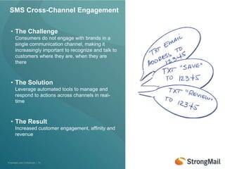 SMS Cross-Channel Engagement


  • The Challenge
       Consumers do not engage with brands in a
       single communication channel, making it
       increasingly important to recognize and talk to
       customers where they are, when they are
       there



  • The Solution
       Leverage automated tools to manage and
       respond to actions across channels in real-
       time



  • The Result
       Increased customer engagement, affinity and
       revenue




Proprietary and Confidential | 13
 