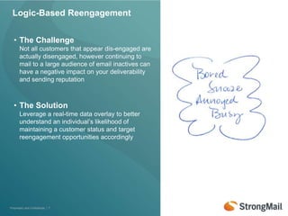 Logic-Based Reengagement


  • The Challenge
       Not all customers that appear dis-engaged are
       actually disengaged, however continuing to
       mail to a large audience of email inactives can
       have a negative impact on your deliverability
       and sending reputation



  • The Solution
       Leverage a real-time data overlay to better
       understand an individual’s likelihood of
       maintaining a customer status and target
       reengagement opportunities accordingly




Proprietary and Confidential | 7
 
