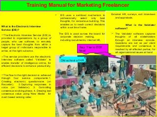 Training Manual for Marketing Freelancer 
What is the Electronic Interview 
Service (EIS)? 
➢The Electronic Interview Service (EIS) is 
provided to organizations by a group of 
people, who use software, to remotely 
capture the best thoughts from within a 
target group of individuals responsible to 
arrive, at the right outcome. 
➢The service providers use the electronic 
Interview software called ‘Validator’ to 
enable transfer of intelligence online, for 
efficient decisions to enhance productivity. 
. 
➢The flow to the right decision is achieved 
through four service components:1. 
Creating electronic questionnaire (on 
Recorder). 2.Capturing responses in 
voice (on Validator). 3. Controlling 
consensus evolving phase. 4. Drawing last 
consensus value using ‘New Media’ for 
merit based ranking order. 
➢ EIS uses a sanitized mechanism to 
professionally select only best 
thoughts, for consensus building. This 
enables us to reach correct decisions 
within a set time frame. 
The EIS is used across the board for 
corporate decision making, 
including recruitments, internal HR, 
External HR, surveys, exit interviews 
and appraisals. 
What is the Validator 
software? 
➢ The Validator software captures 
thoughts of all stakeholders 
through an interview console. 
Questions are set as per client 
requirements and consensus is 
reached by all affected parties, for 
all organizational issues at hand 
Say Yes to EIS! 
Now! 
Old school of HR 
 