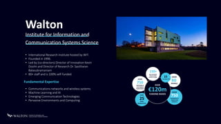 Walton
• Communications networks and wireless systems
• Machine Learning and AI
• Emerging Communication Technologies
• Pervasive Environments and Computing
Fundamental Expertise
Institute for Information and
Communication Systems Science
• International Research Institute hosted by WIT.
• Founded in 1996.
• Led by (co-directors) Director of Innovation Kevin
Doolin and Director of Research Dr. Sasitharan
Balasubramaniam
• 80+ staff and is 100% self-funded.
80
PEOPLE
OVER
25
PhDS
GRADUATED
OVER
750
PARTNERS &
CUSTOMERS
WORLDWIDE
OVER
750
SUCCESSFULLY
COMPLETED
PROJECTS
OVER
€120m
FUNDING RAISED
OVER
15
NATIONALITIES
150+
PEER REVIEWED
PUBLICATIONS
IN PAST 5 YEARS
 