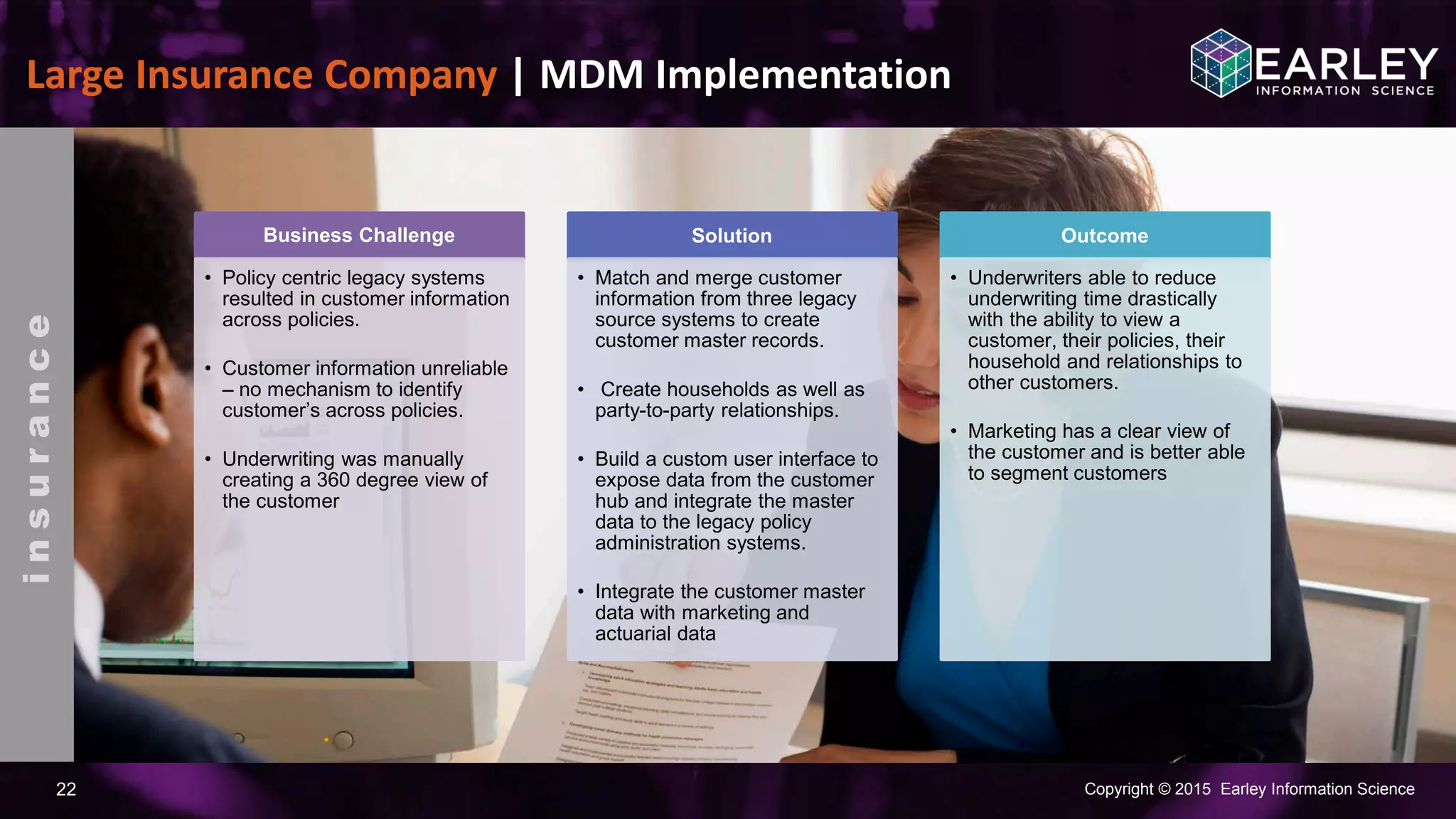 Copyright © 2015 Earley Information Science22
Large Insurance Company | MDM Implementation
insurance
Business Challenge
• Policy centric legacy systems
resulted in customer information
across policies.
• Customer information unreliable
– no mechanism to identify
customer’s across policies.
• Underwriting was manually
creating a 360 degree view of
the customer
Solution
• Match and merge customer
information from three legacy
source systems to create
customer master records.
• Create households as well as
party-to-party relationships.
• Build a custom user interface to
expose data from the customer
hub and integrate the master
data to the legacy policy
administration systems.
• Integrate the customer master
data with marketing and
actuarial data
Outcome
• Underwriters able to reduce
underwriting time drastically
with the ability to view a
customer, their policies, their
household and relationships to
other customers.
• Marketing has a clear view of
the customer and is better able
to segment customers
 