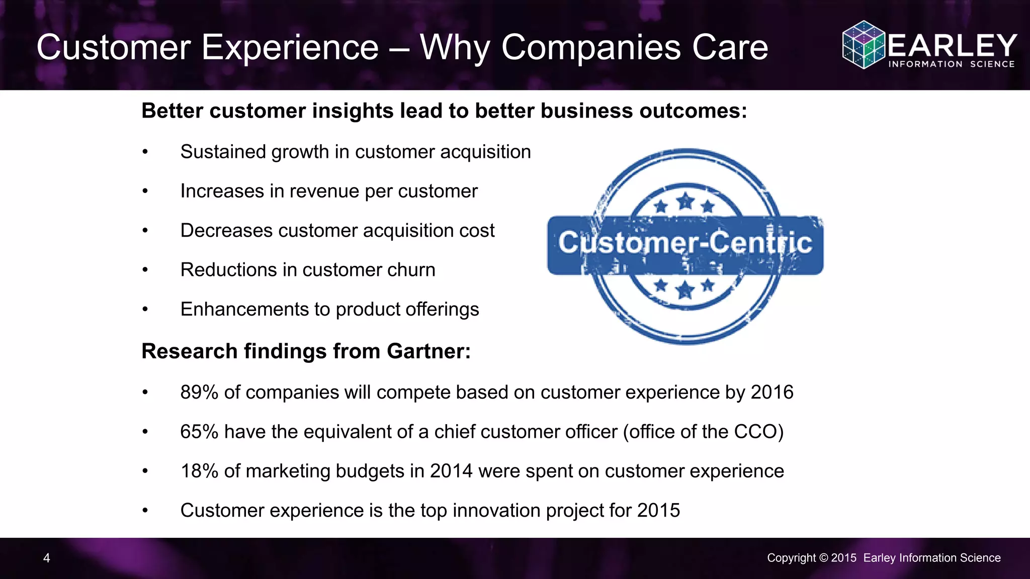 Copyright © 2015 Earley Information Science4
Customer Experience – Why Companies Care
Better customer insights lead to better business outcomes:
• Sustained growth in customer acquisition
• Increases in revenue per customer
• Decreases customer acquisition cost
• Reductions in customer churn
• Enhancements to product offerings
Research findings from Gartner:
• 89% of companies will compete based on customer experience by 2016
• 65% have the equivalent of a chief customer officer (office of the CCO)
• 18% of marketing budgets in 2014 were spent on customer experience
• Customer experience is the top innovation project for 2015
 