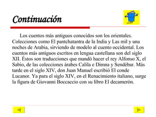 Continuación Los cuentos más antiguos conocidos son los orientales. Colecciones como El pantchatantra de la India y Las mil y una noches de Arabia, sirviendo de modelo al cuento occidental. Los cuentos más antiguos escritos en lengua castellana son del siglo XII. Éstos son traducciones que mandó hacer el rey Alfonso X, el Sabio, de las colecciones árabes Calila e Dimna y Sendébar. Más tarde en el siglo XIV, don Juan Manuel escribió El conde Lucanor. Ya para el siglo XIV, en el Renacimiento italiano, surge la figura de Giovanni Boccaccio con su libro El decamerón.  Continuación Continuación Continuación 