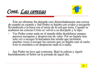 Cont.  Las cerezas Éste no obstante iba dejando caer disimuladamente una cereza de cuando en cuando y San Pedro se bajaba con avidez a recogerla llevándosela a la boca con el ansia de la sed que tenía. Cuando se acabaron las cerezas Cristo se volvió a su discípulo y le dijo: - Ves Pedro como nada en el mundo debe desdeñarse aunque parezca mezquino y desprovisto de valor. Por no bajarte una sola vez a recoger la herradura has tenido que inclinarte muchas veces a recoger las cerezas que yo dejaba caer al suelo. Esto te enseñará a no despreciar nada ni a nadie. -  San Pedro no tuvo qué contestar. Bajó la cabeza y siguió  humildemente al Señor en la jornada de aquel día. 