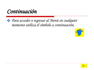 Continuación Para acceder o regresar al Menú en cualquier momento utiliza el símbolo a continuación. 